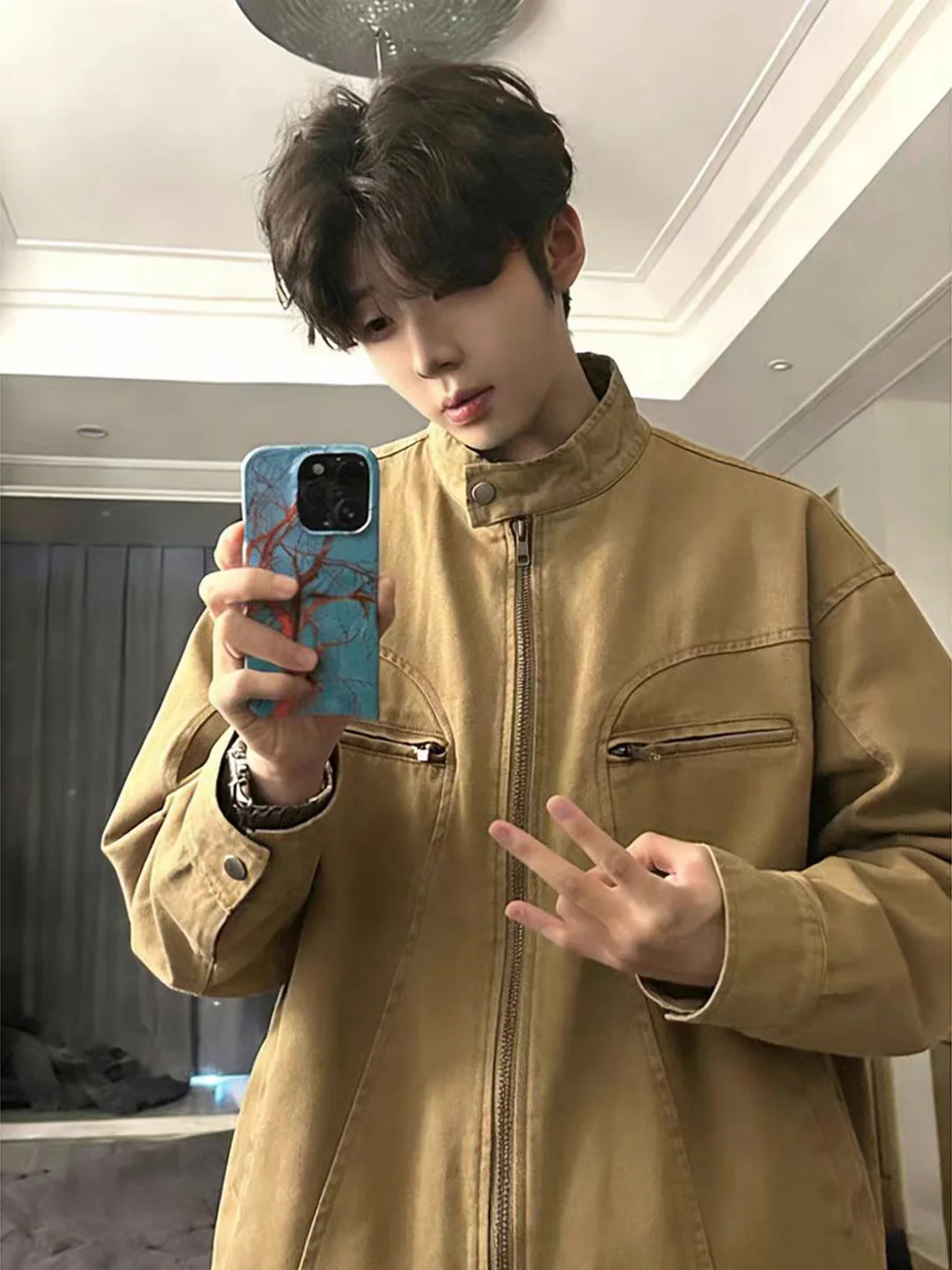 

Коричневая мужская куртка-харрингтон с воротником-стойкой, из хлопка, для работы и повседневной носки, теплая, на молнии, весенняя