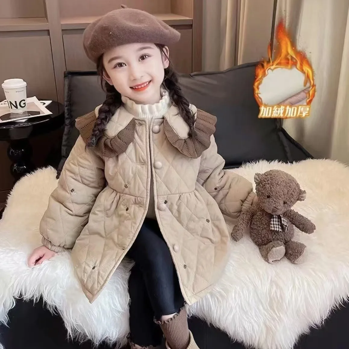 

2025 осенне-зимняя стеганая куртка для девочек, теплое пальто, однотонное утепленное пальто, удобная новая модная детская одежда, модная