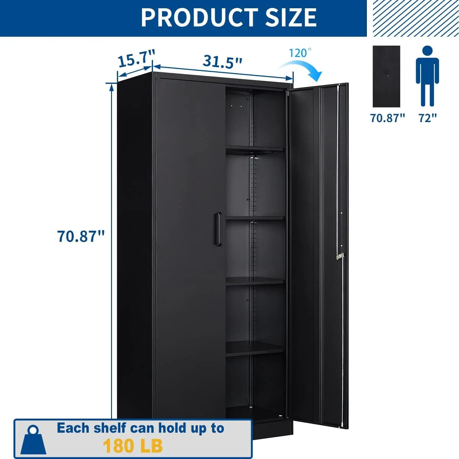 Storage Cabinet-71” Tall Steel File Cabinets with Lockable Doors and Adjustable Shelves-Black Steel Storage Cabinet for Ho