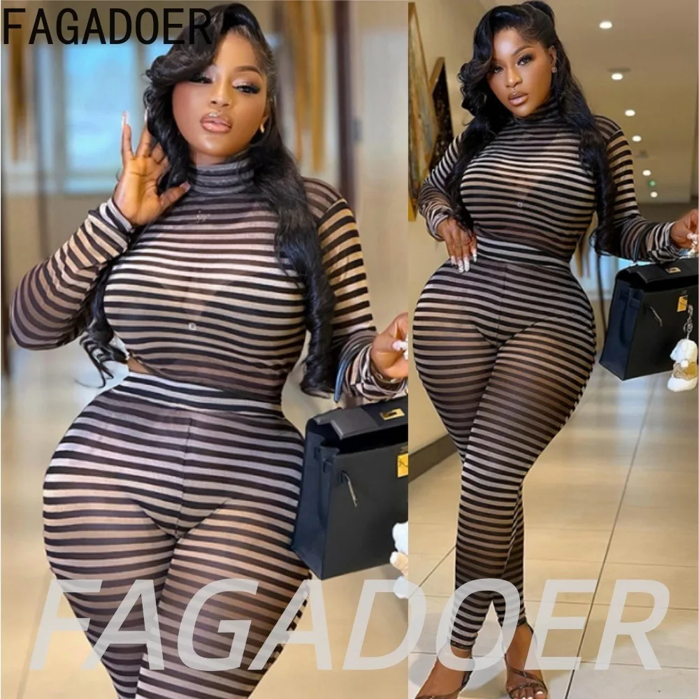 FAGADOER Fashion Striped Print Pants 2 Piece Sets Sexy Mesh See Through Long Sleeves High Neck Crop Top + Bodycon Pants Outfits