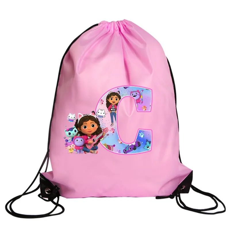 Gabby Dollhouse Drawstring Bag Girls Polyester Storage Bag Cute Anime Figure Backpackable Travel Bags Outdoor Hiking Bags Gift