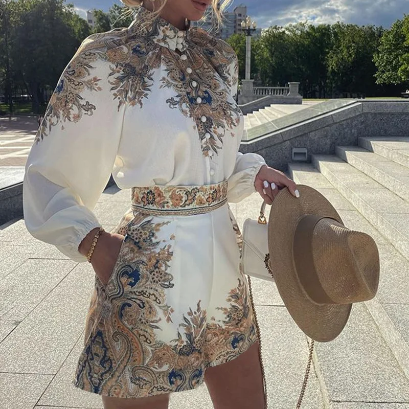 Women's Fall New Office Retro Suit Elegant Printed Semi-high-neck Long-sleeved Shirt + High-waisted Shorts Two-piece Set 2026