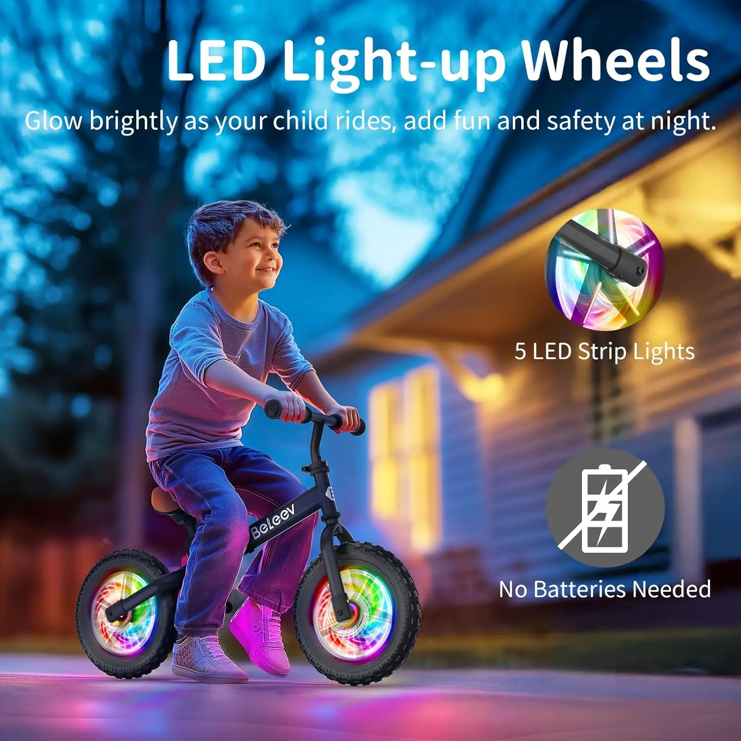 Rowerek biegowy dla dzieci w wieku 2-5 lat z podświetleniem LED, regulowany fotel i kierownicę oraz podnóżek, 12-calowe pociągi bez pedałów