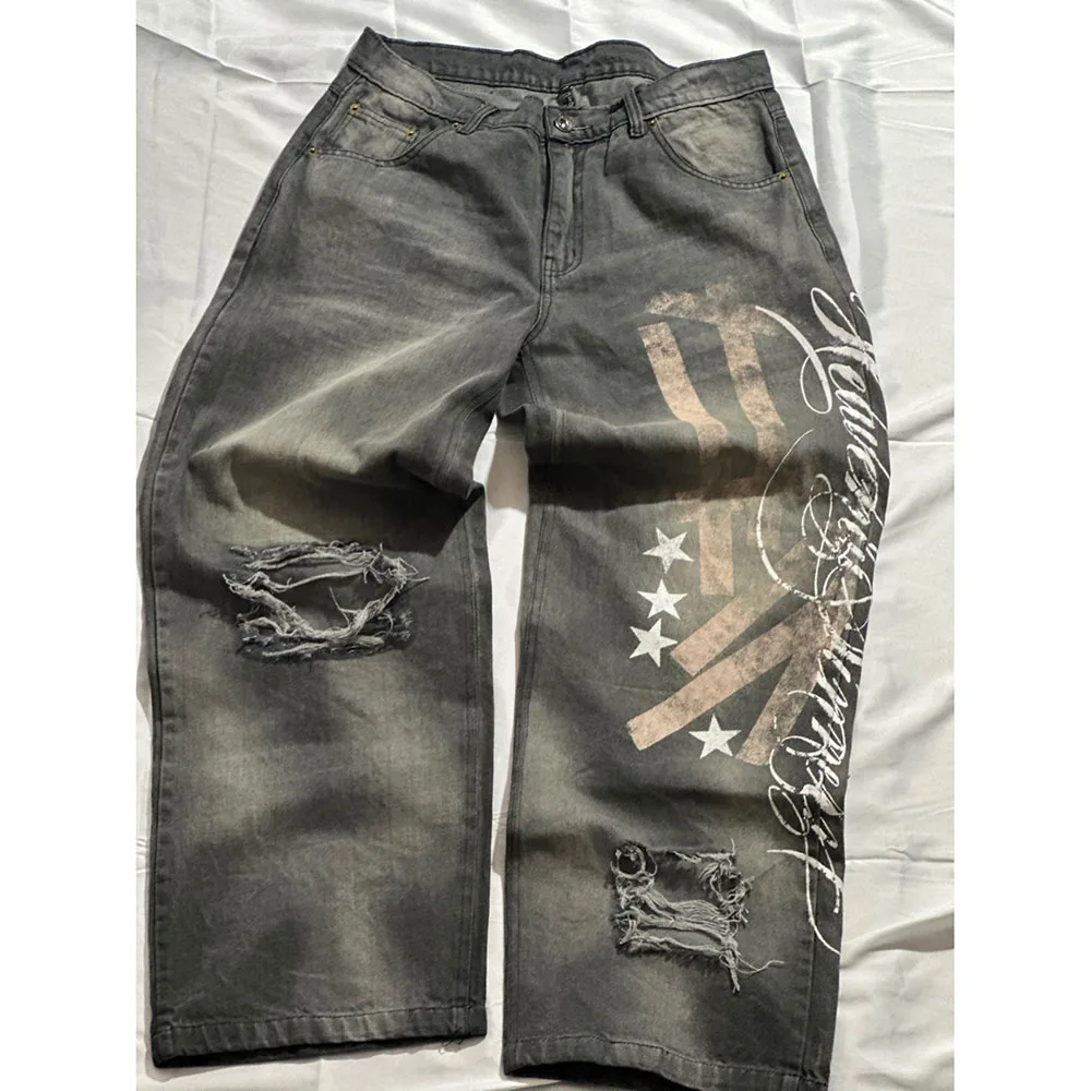 

Alphabet Print Pattern Women's Cropped Pants Black Grey Denim Pants Retro High Elastic Spice Girls Trousers Casual Style Pants