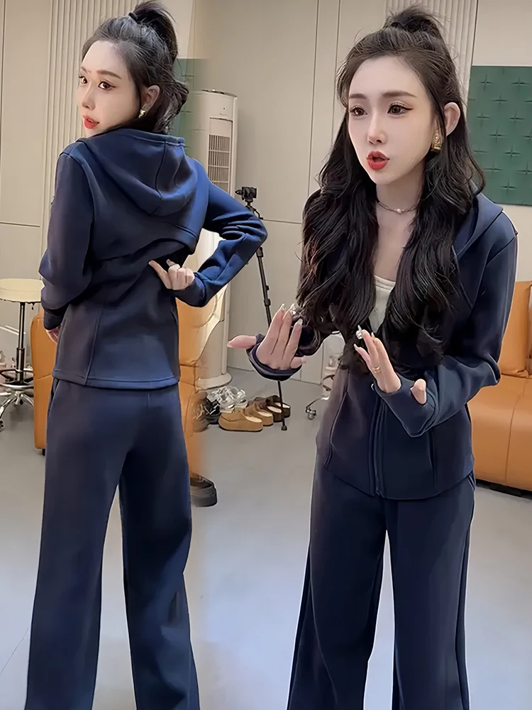 캐주얼 스포츠웨어 세트 여성용 루즈핏 후디 와이드 레그 팬츠 투피스 세트 가을 겨울 신상 플러스 사이즈 패션