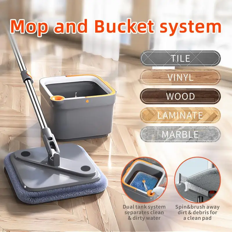 Spin Mop and Bucket , Includes Spin Mop, Dual Compartment Mop Bucket and Thick Washable Microfiber Mop Pads