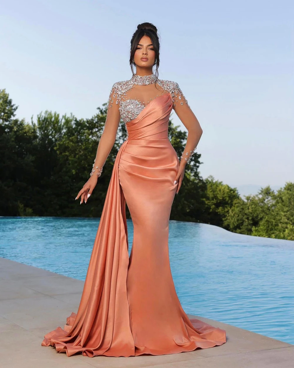 Satin Mermaid Evening Dresses Saudi Arabia Long Sleeves Luxury Crystal Beaded For Bridal Formal Wedding Party Prom Gowns Vestido