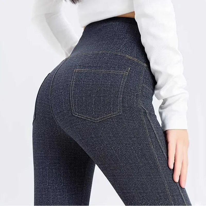 Spring Summer Women Faux Jean Flare Pants Thin Female High Waist Imitation Denim Leggings Ladies Elastic Skinny Pencil Trousers