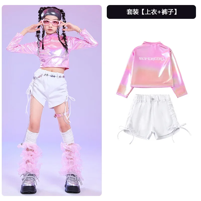 Kinder Kpop Bühnenoutfits Laser Top Silber Hosen für Mädchen Jazz Dance Kostüme Kinder Coole Hip Hop Kleidung Street Wear