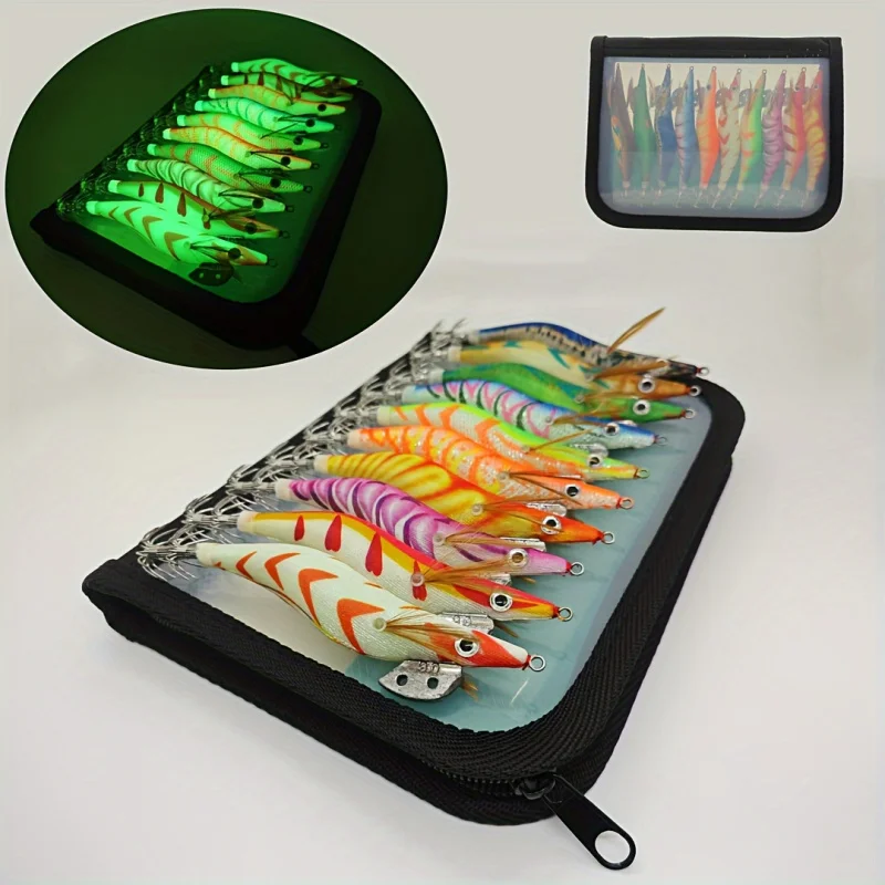 10 Stück leuchtende Tintenfisch-Angelköder – im Dunkeln leuchtende Garnelenköder aus Holz mit 3,0 #   3.5 #   2.5 #   Haken, mehrfarbig fluoreszierender Sea Fi