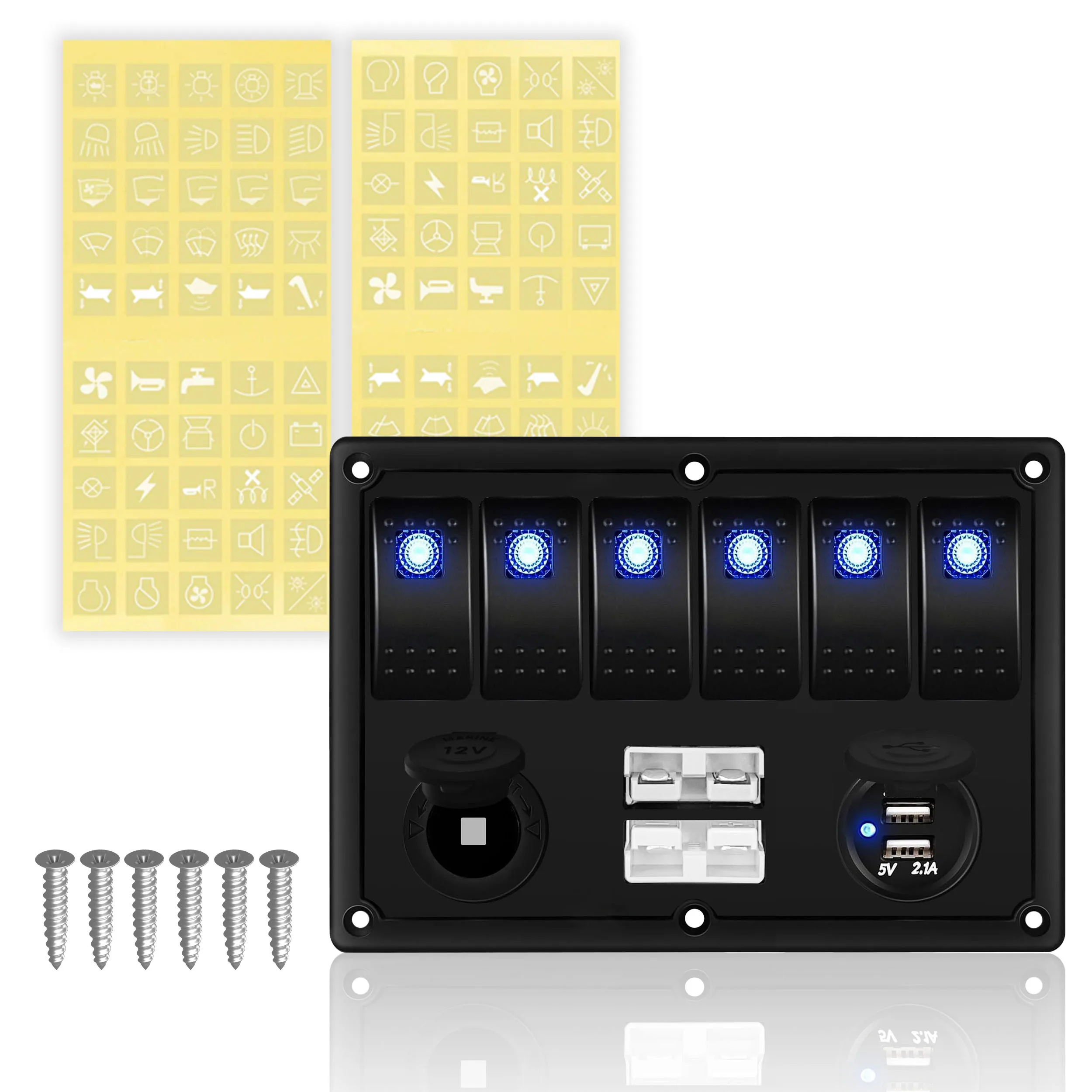 6 Gang Boat Switch Panel 12V Blue Led Rocker Switch Dual USB Power Socket 50A Battery Connect Disconnect Plug for Car ATV UTV