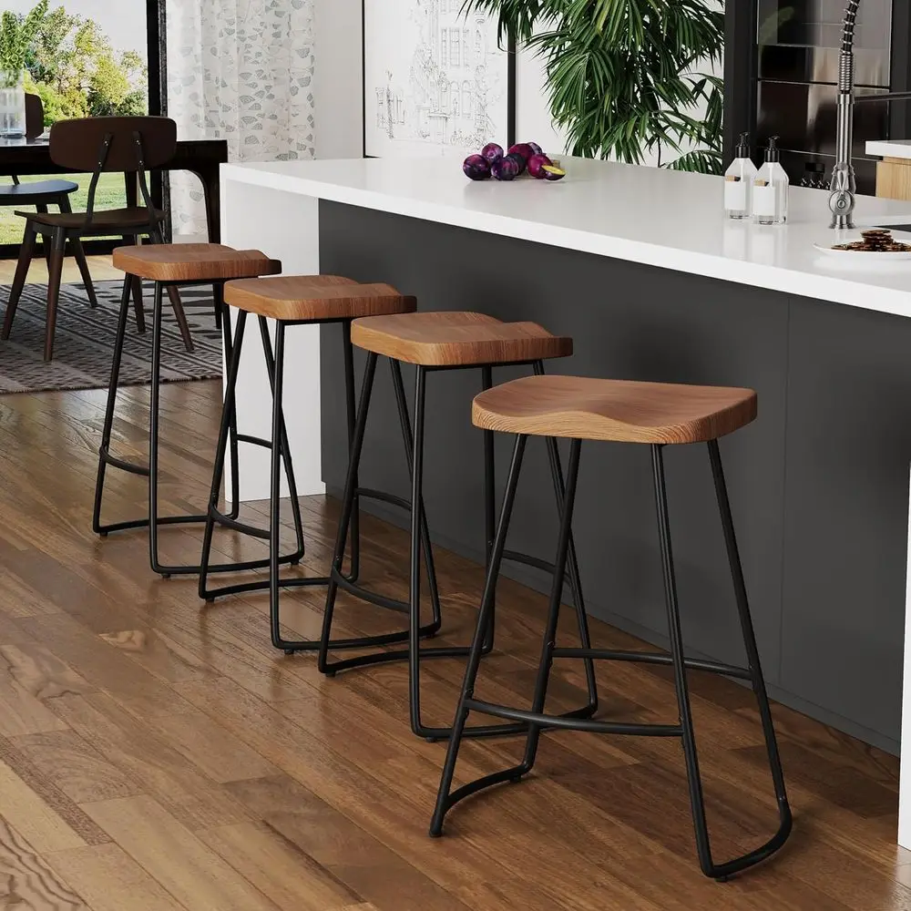 Set of 4 Metal Bar Stools, Brown, Counter Height Kitchen Island Chairs for Dining