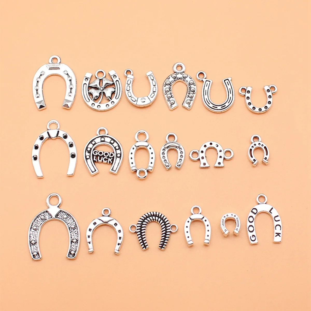 18pcs Antique Silver Color Lucky Horseshoes Charms Collection For DIY Jewelry Making, 18 Styles, 1 of Each