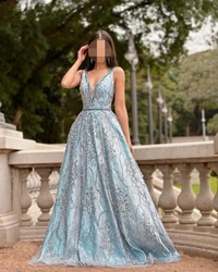 Robe de soirée élégante à col en V bleu, longueur au sol, perles, sans bretelles, robe de Rhsexy, robe formelle, sur mesure, nouveau