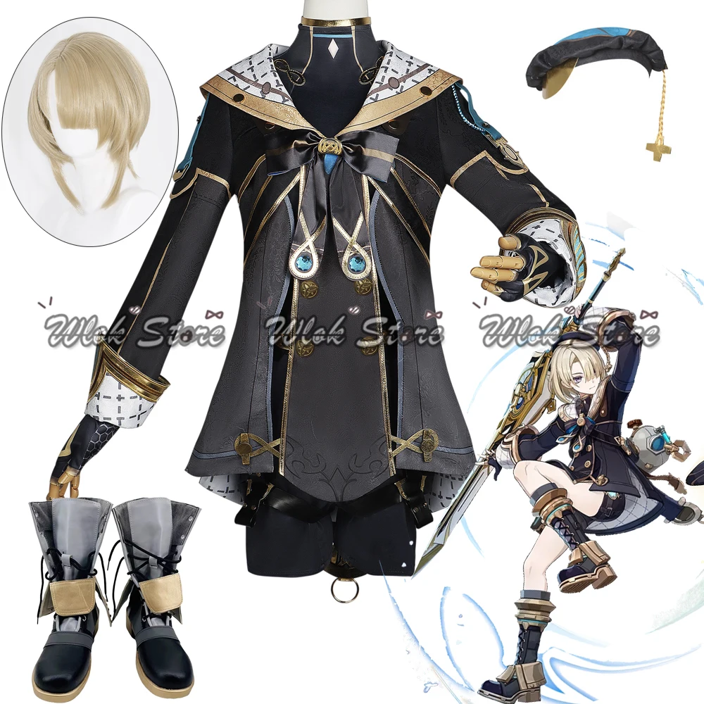 Genshin Impact Fremretours Costume avec Chapeau, Uniformes Fontaine, Tenue de ixd'Halloween, Perruque, Cheveux Courts, Chaussures Cosplay, Bottes