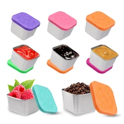 304 스테인레스 스틸 조미료 접시 2OZ/6.5OZ 뚜껑이 있는 사각형 밀봉 소스 컵 야외용 누출 방지 샐러드 케첩 피크닉 접시