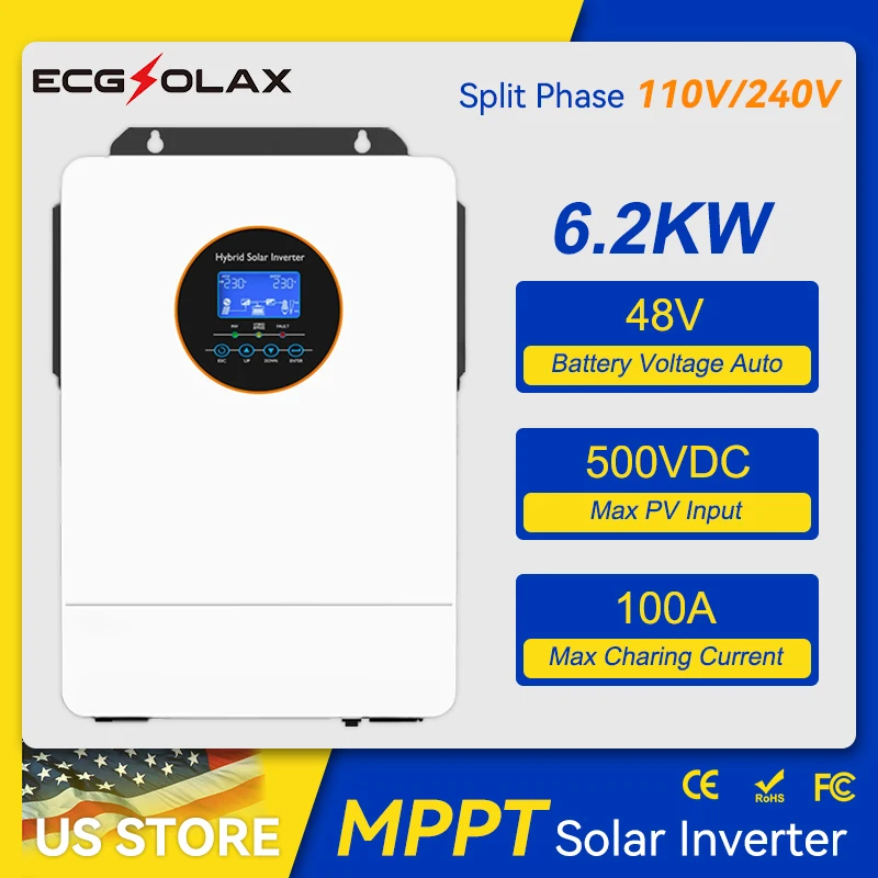 Inversor híbrido Solar ECGSOLAX 6.2KW 48V fase dividida 110V/240V inversor Solar de onda sinusoidal pura con controlador de carga MPPT 100A