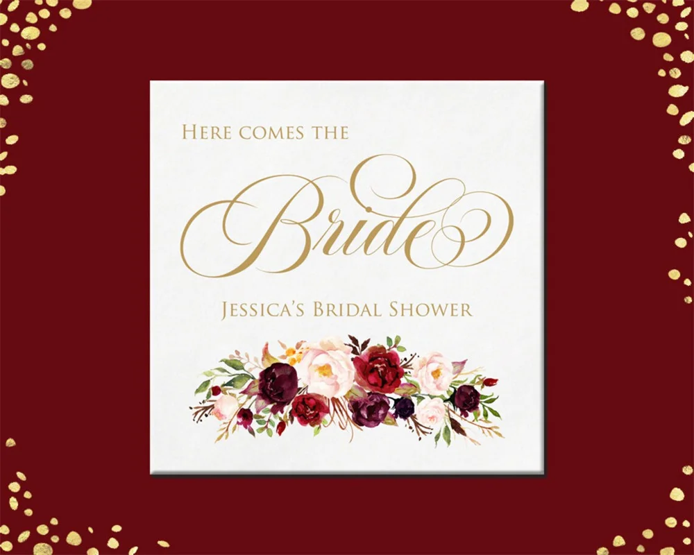 

50PCS Personalized Bridal Shower Cocktail Napkins, Marsala Burgundy Blush Floral Cocktail Bridal Shower Napkins, Beverage, Lunch