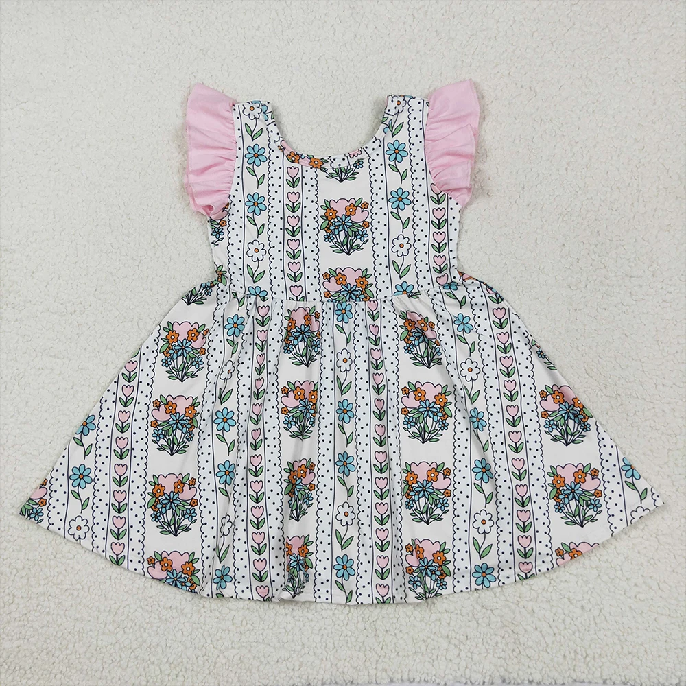 

Baby Girls Pink Floral Stripe Knee-Length Dress with Flutter Sleeves Tulip Style Summer Dress for Little Girls