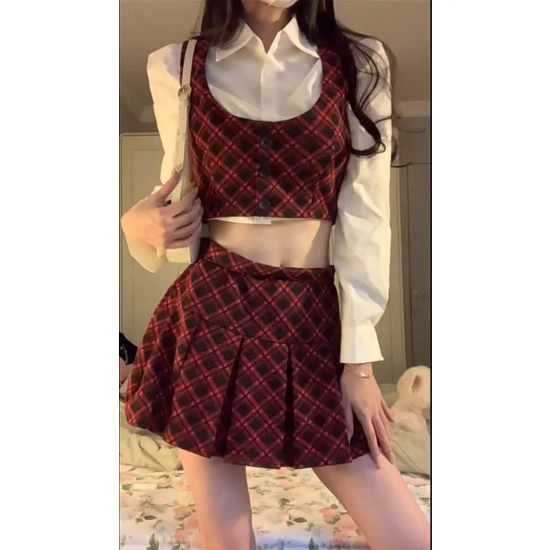 

Korean Kawaii Three Piece Set Women Lace Lolita Sweet Party Mini Skirt Set Female College Style Vest + Elegant Skirt Suit 2023