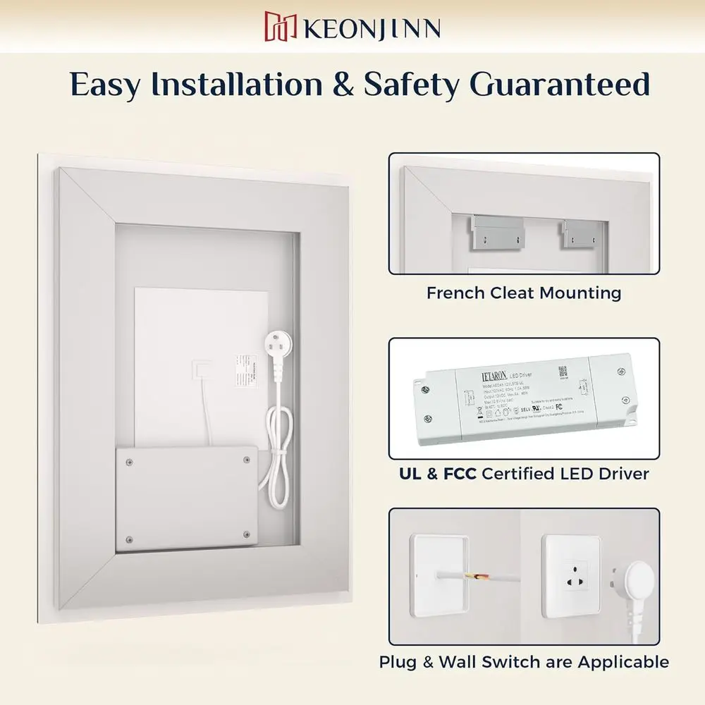 Espejo de tocador iluminado por LED de 20x28 pulgadas con antivaho, luces de 3 colores, vidrio templado HD, controlador con luz UL