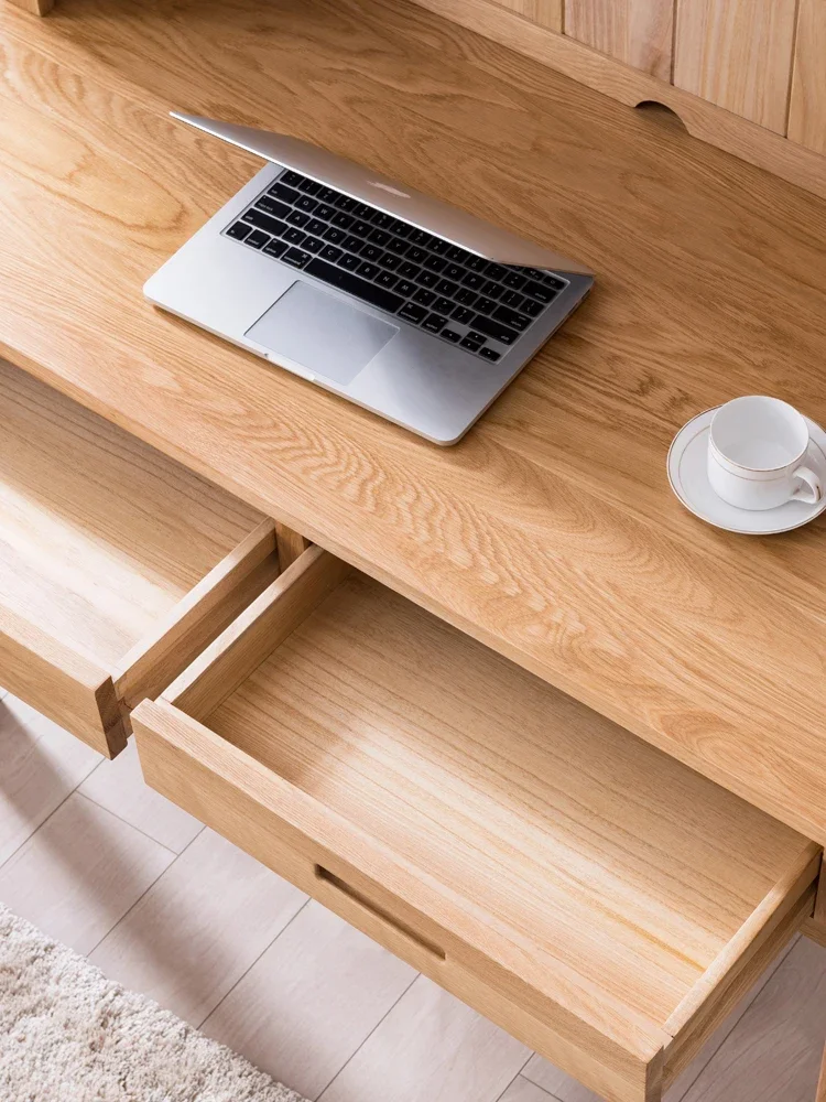 Nordic oak desk with bookshelves, all solid wood computer desk, study desk, Japanese style desk