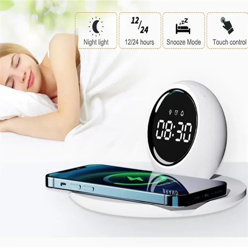 Desktop Wireless Charger for Phone, Atmosphere Night Light, Multifunctional, Intelligent, Children, Student Clock, Alarm, 3 in 1