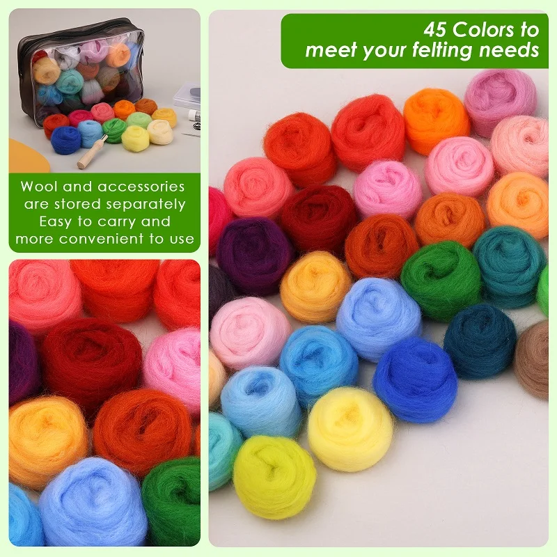 45 Colors Felt Wool Roving Needle Felting Starter Kit with Supplies for Beginners DIY Felting Craft Home Decoration