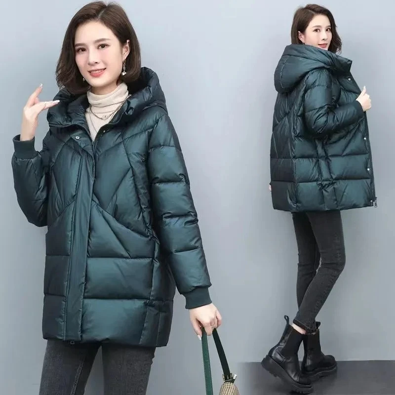 Parka elegante de comprimento médio para mulheres, jaqueta acolchoada, jaqueta grossa, casaco de algodão com capuz, parkas novos, casacos de