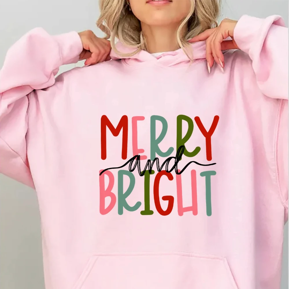 

Merry and Bright Christmas Hoodie Sweatshirt For Women Merry Christmas Family Friends Couple Long Sleeve Top Women's Pullovers