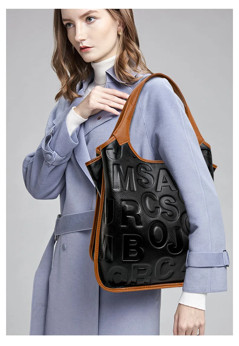 Aidrani Damen-Handtasche mit großer Kapazität, Leder, Rindsleder, Farbblock-Design, Aufschrift, Aufbewahrungstasche, Damen-Tragetasche mit Reißverschluss – Detail 3