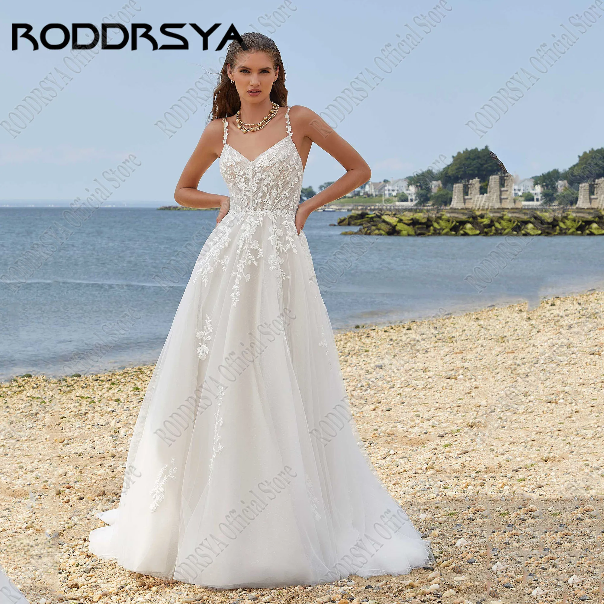 

RODDRSYA V-Neck Spagehtti Straps Wedding Dresses A-Line Applique Tulle Bride Gowns Vestidos De Novia Elegant Sleeveless Zipper