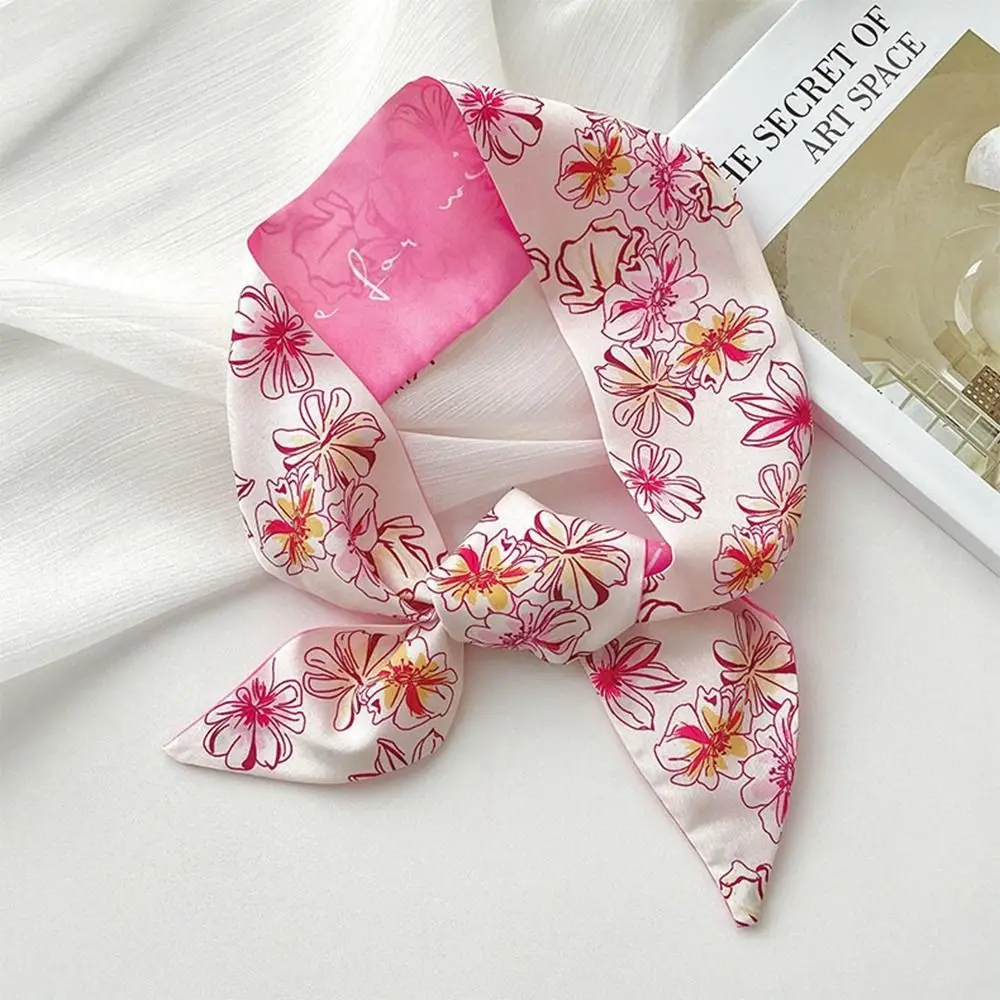 Ribbon Headband Silk Scarf All-match Pink Hair Tie Printed Scarf Flower Neckerchief Scarf Hair Band Women