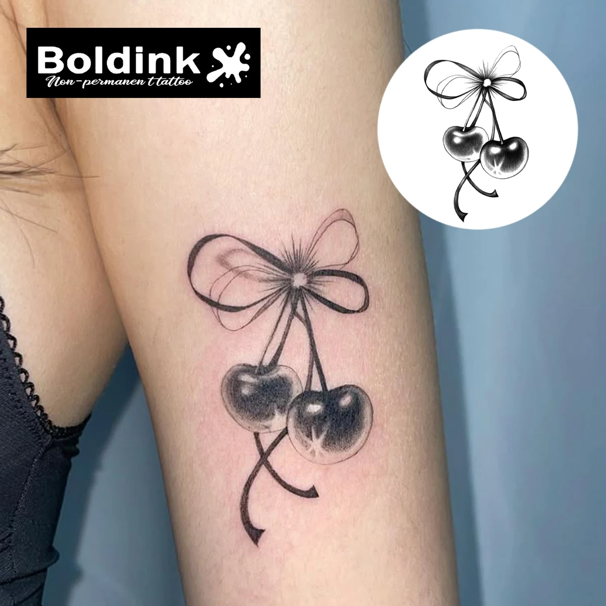 BOLDINK Cherry Bowknot Moisturizing Tattoo Sticker Unisex Fashion Design Colorful Easy Apply Waterproof Lasts 1-2 Week