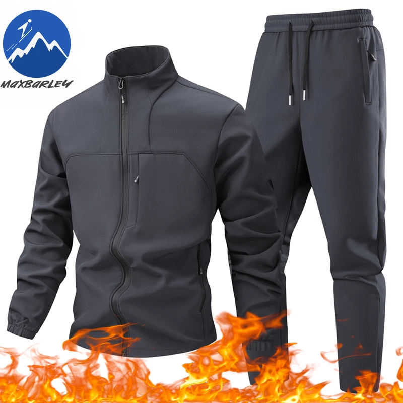 

Mens Autumn Winter Softshell Jacket Pants Set Fleece Lined Windproof Breathable Stand Collar Outdoor Casual Thermal 2 Piece Suit