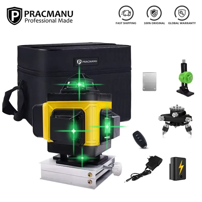 Pracmanu 16 라인 4D 레이저 레벨 수평 및 수직 크로스 라인 녹색 빔 360 °   원격 제어 기능이 있는 셀프 레벨링 레이저 레벨