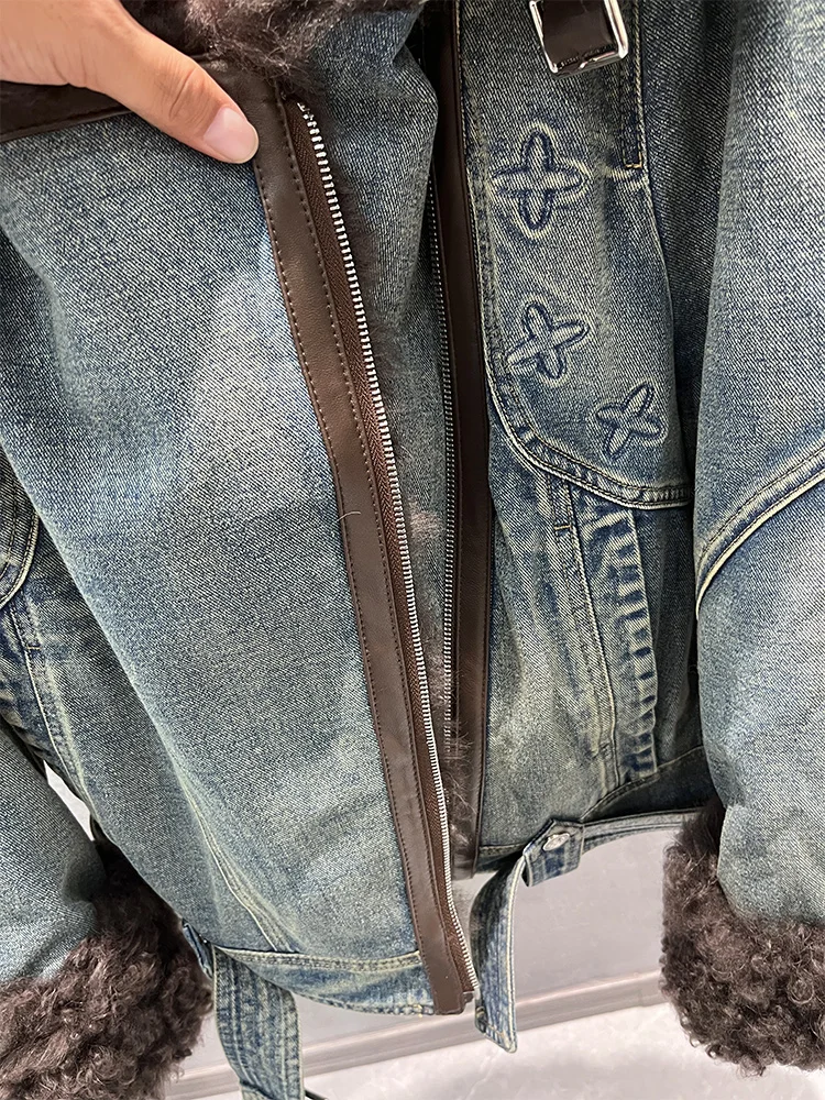 2025 Herfst Winter vrouwen Denim Ganzendons Jassen Met Natrual Echte Schapen Lam Bontkraag Vrouwen Uitloper Luxe Vrouwelijke jas