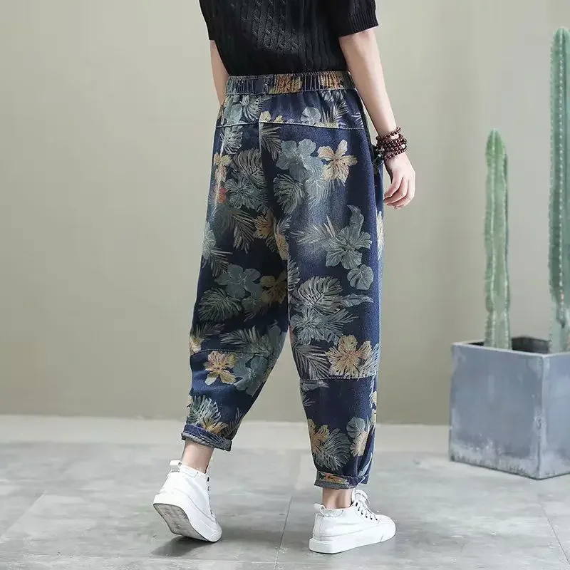 

Printted Streetwear Ankle-length Jeans Oversized 90kg Flower Harem Denim Pants Retro Woemn High Wasit Spring New Pantalon A100