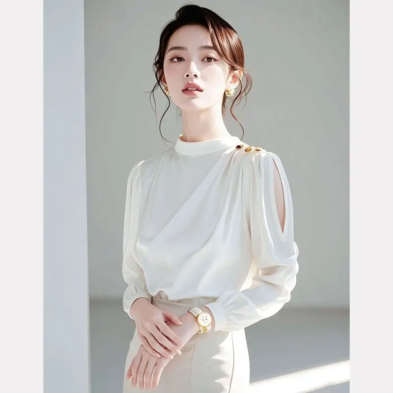 Elegant Hollow Out White Blouse Spring Autumn New Long Sleeve Solid Button Patchwork Fashion Blouse Temperament Women Clothing