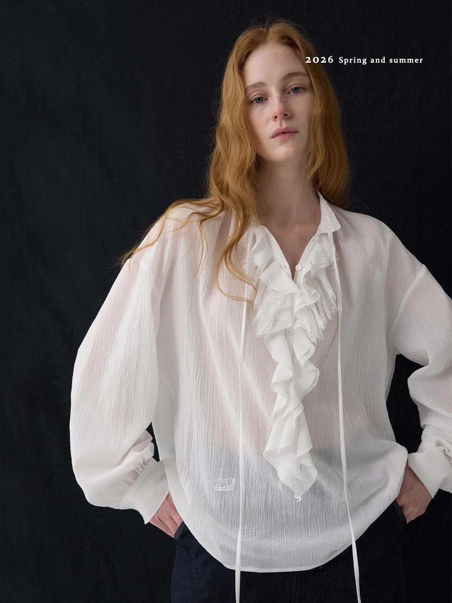 

Romantic V-neck Tunic Shirt Lace Patchwork Slim Fit Cotton Gauze Nice People 2026SS French Style Women's Long Sleeve Blouse