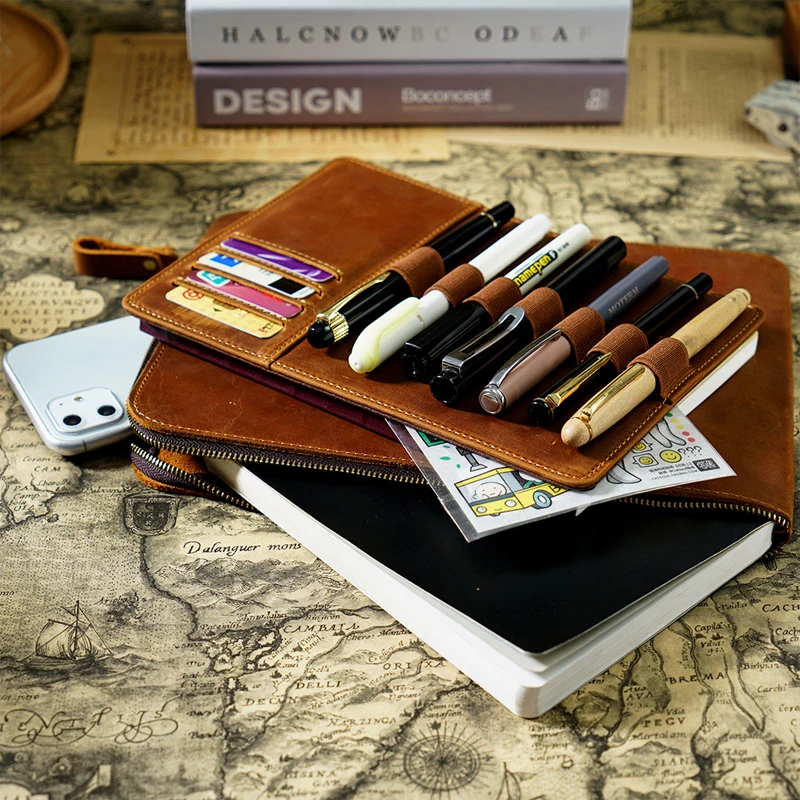 Fromthenon Cowhide Zipper Pen Bag Vintage Multiple Pen Case Large Capacity Removable Writing Case Stationery Storage Bag