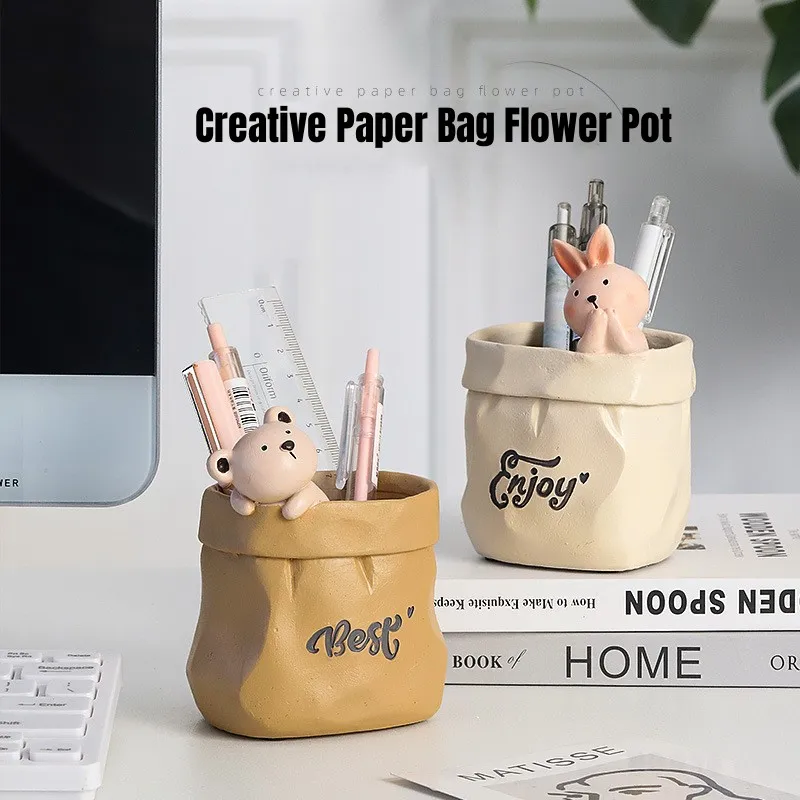 

Pastoral Retro Imitation Paper Bag Resin Fleshy Flowerpot Desktop Decoration Cute Children's Pen Holder Creative Small Flowerpot