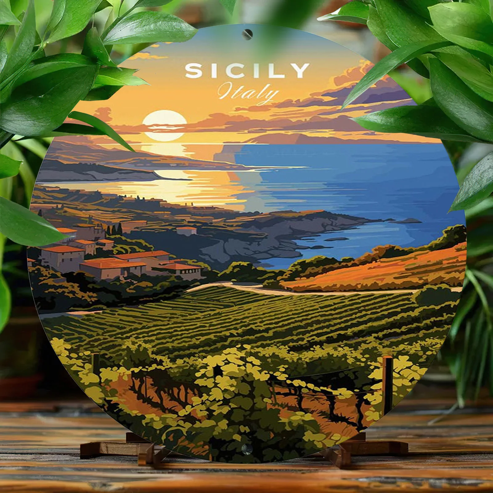 Sicily Italy Vintage-Style Round Metal Sign - 1pc Aluminum Wall Art with HD Print, 8x8inch - Weather Resistant Outdoor/Indoor De