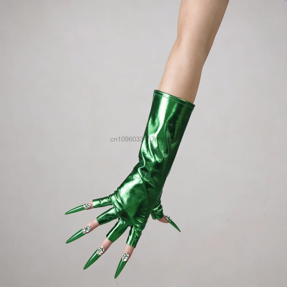 Mid‑Length Fingerless Bright Colors Leather Gloves Halloween Carnival Stage Show Cosplay Costume Checkered Glove Accessory Props