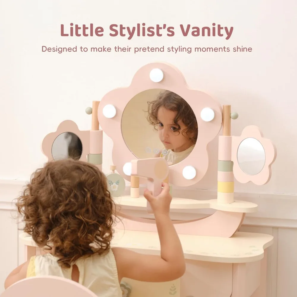 طقم طاولة وكرسي للأطفال من OOOK مع أضواء، مزود بمكياج مع شاشة تعمل باللمس 3 ألوان، زينة للفتيات باللون الوردي، ما يكفي من أجل Rea