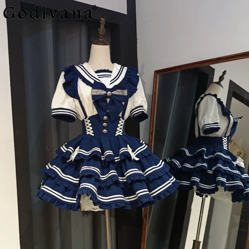 

Japanese Style Lolita Outfit for Women Complete Set of College Navy Collar Shirt Top with Strap Dress Female Sweet Dress Set