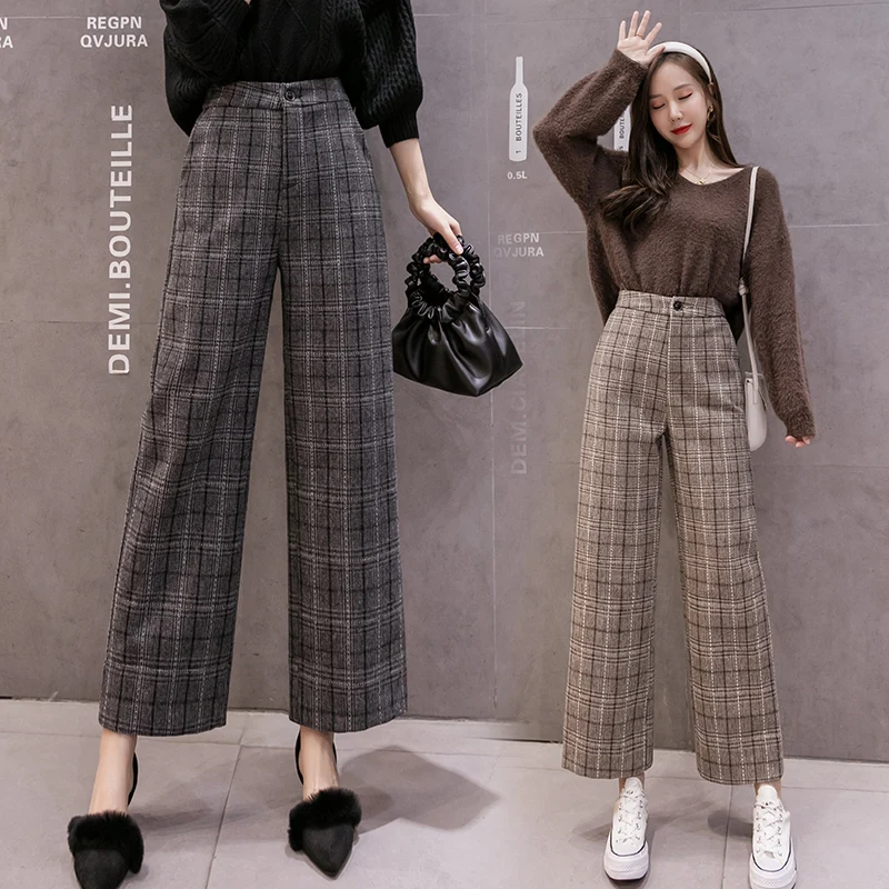 Ladies OL Chic Fashion Baggy Lattice Wide Leg Pants Women Clothing Girls Vintage Woolen Trousers Female Streetwear Clothes B7555