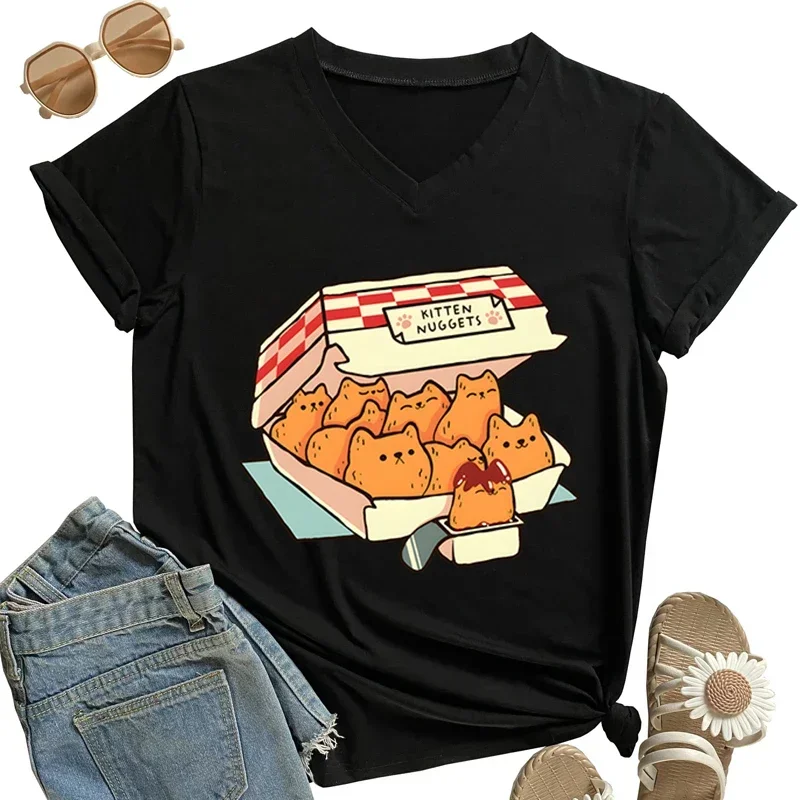 Kätzchen Nuggets Fast Food Katze T-Shirt Frauen Harajuku T-Shirts Femme Mode T-Shirts Grafik T-Shirts V-Ausschnitt T-Shirts Camisetas