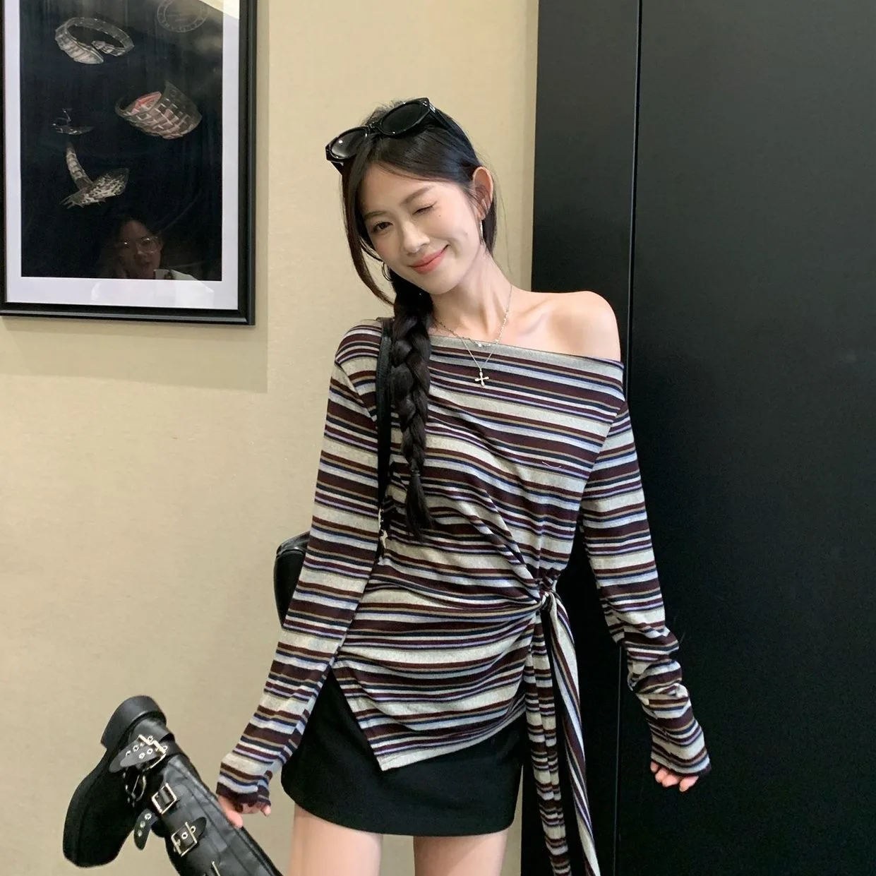 

Striped Shoulder Long Sleeve Irregular Lace-up T-shirt Women's New Top