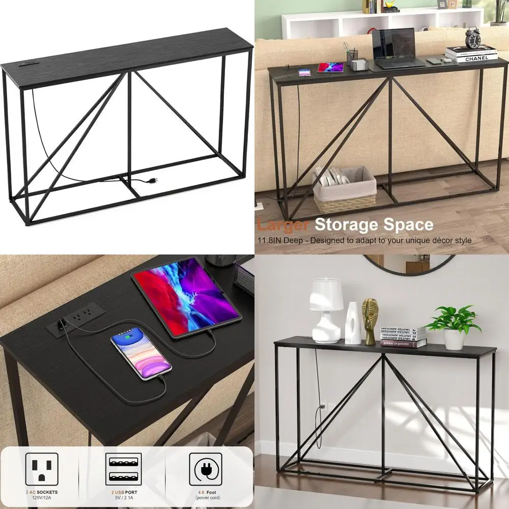 

Промышленный металлический консольный столик, 51x12x31.5 дюймов (ширина x глубина x высота), для размещения за диваном, с розеткой и USB-портами, черная деревянная мебель для прихожей